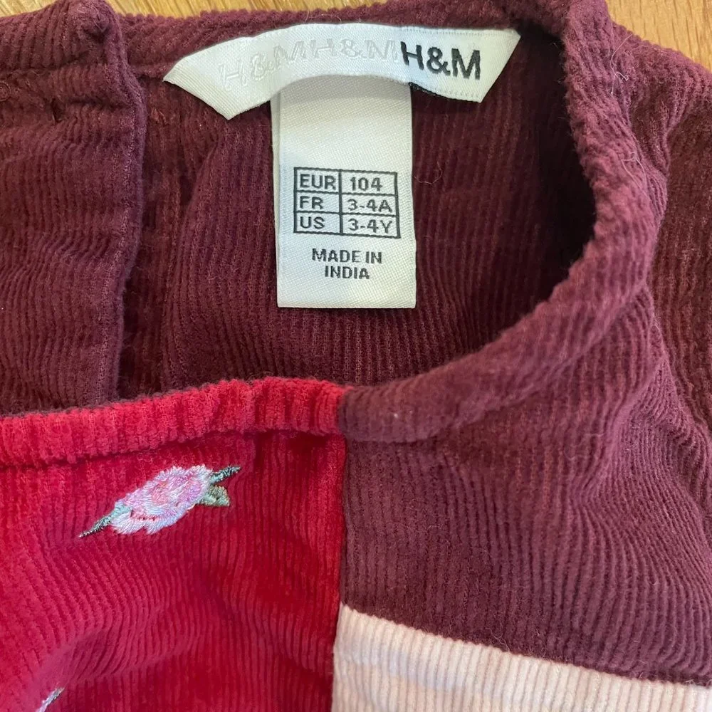 H&M Girls Jumper Dress Pink Burgundy Patchwork Corduroy Size 3-4Y